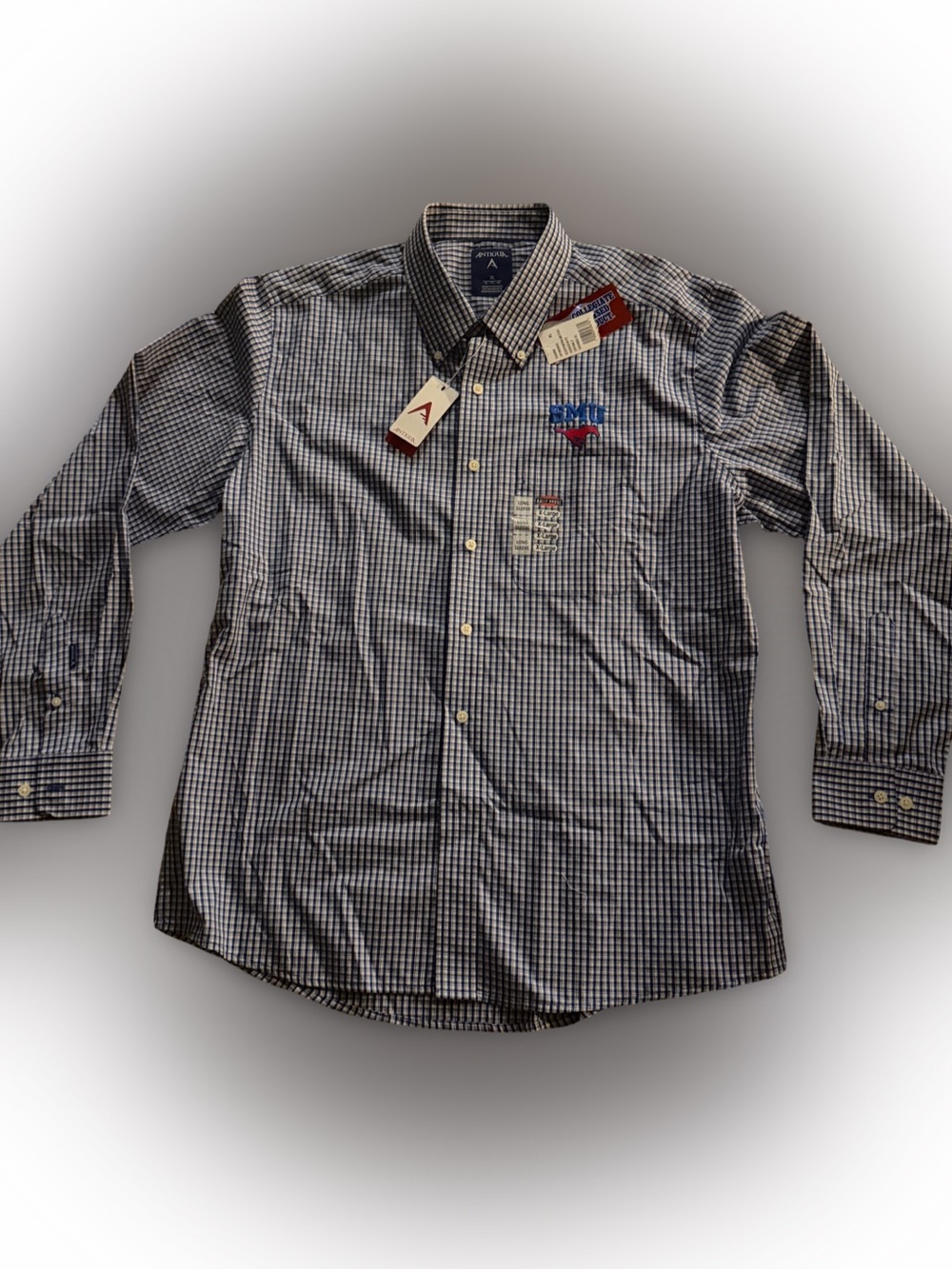 Antigua Men’s SMU Navy and White Gingham Button-Down Shirt with Embroidered Logo